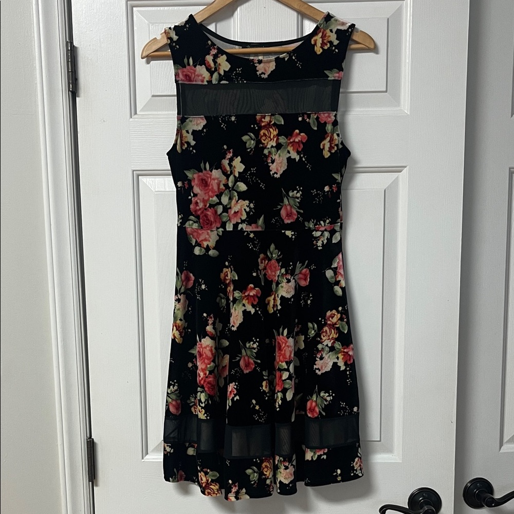 Vintage Beware! Floral Velvet Fit & Flare Dress Mesh Panel Dark Romantic Fairy